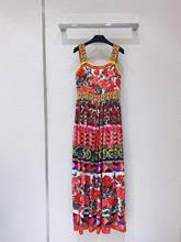 HIGH QUALITY New 2021 Designer Summer Runway Women's Spaghetti Strap Beading Floral Print Long Holiday Dress 2024 - buy cheap