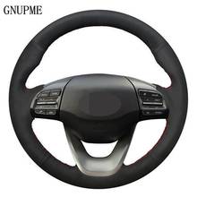 DIY Hand-stitched Black Genuine Leather Suede Car Steering Wheel Cover For Hyundai Kona 2017 2018 2019 2024 - buy cheap