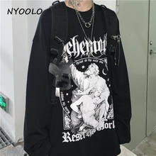 NYOOLO Harajuku style character Gothic letters print tee shirt tops Autumn streetwear loose long sleeve T-shirt women men cloth 2024 - buy cheap