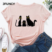 JFUNCY-Camiseta de talla grande 5XL para mujer, camisetas con estampado de gato negro, camiseta de manga corta para mujer, camisetas 100% de algodón para mujer 2024 - compra barato