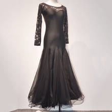 Черное стандартное платье для бальных танцев, расширенная юбка с кружевными рукавами для взрослых, женское платье для вальса, бальных танцев, соревнований, танцев 2024 - купить недорого