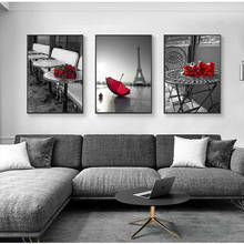 Pintura artística en lienzo con flor de rosa roja, póster de paisaje de la torre de París, imagen de pared para sala de estar, decoración del hogar, regalos de moda 2024 - compra barato