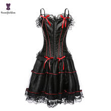 Alças de espaguete rosa e vermelho bowknot feminino sexy bustier steampunk espartilho com saia conjunto 067 # 2024 - compre barato