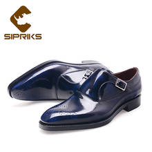SIPRIKS Luxury Patent Leather Dress Shoes Mens Navy Blue Tuxedo Shoe Boss Single Monk Strap Gents Suits Social Formal Goodyear 2024 - buy cheap