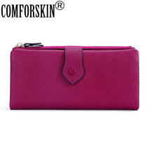 Comforskin-carteira de couro feminina, carteira longa com fecho, bolsa para celular, bolso para moedas, carteira de couro de vaca feminina 2024 - compre barato