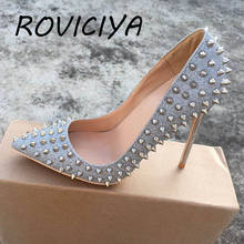 Sexy valentine shoes silver glitter rivet 12cm high heels gold women pumps ladies stiletto pointed toe wedding MD017 ROVICIYA 2024 - buy cheap