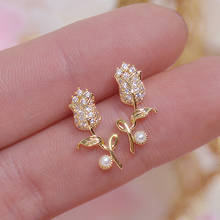 Korea Hot Selling Fashion Jewelry 14K Real Gold Plating Copper Zircon Earrings Elegant Tulip Women's Wedding Party Earrings 2024 - buy cheap