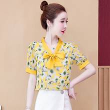 Women Spring Summer Style Chiffon Blouses Shirts Lady Casual Short Sleeve Bow Tie Collar Flower Printed Blusas Tops ZZ0532 2024 - buy cheap