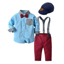 Outono criança crianças roupas meninos 4-piece chapéu conjunto camisa azul + gravata borboleta + calças vermelhas presente de aniversário vestido de festa de mangas compridas outfits 2024 - compre barato