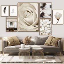 Wall Art Canvas Painting White Rose Flower Stone Feather Nordic Posters And Prints Landscape Wall Pictures For Living Room Decor 2024 - buy cheap