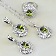 Conjunto de joyería de plata de ley 925 con Zirconia cúbica color verde oliva, pendientes, colgantes, collar y anillo de boda para mujer 2024 - compra barato