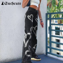 SUCHCUTE-pantalones vaqueros con estampado de corazón para mujer, pantalón de cintura alta, holgado y recto, ropa de calle de los 90 2024 - compra barato