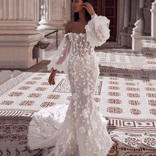Eightree Ivory Delicate Vintage Wedding Dresses Lace Puff Long Sleeve Bride Dress Mermaid Flowers Wedding Gowns Sweep Train 2021 2024 - buy cheap