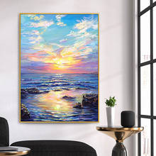 Cuadro pintado al óleo a mano para sala de estar, pintura decorativa con bonito paisaje de mar, cuchillo nórdico, pintura moderna para porche, restaurante 2024 - compra barato