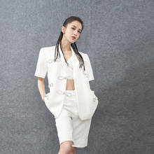 Elegant Two Piece Sets Women's Fashion Design White Rhinestone Bow Loose Suit Jacket + High Waist Short Pants Outfits 2020 New 2024 - buy cheap