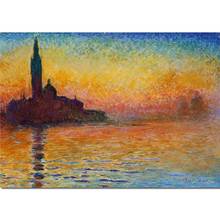 Arte de pared pintura de Claude Monet atardecer en Venecia, lienzo al óleo pintado a mano, obra de arte de paisaje moderno, imagen para decoración del hogar, regalo 2024 - compra barato