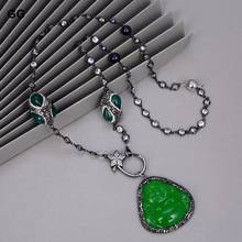 GuaiGuai Jewelry 26'' Green Agate Black Pearl Chain Necklace Green Stone Jade Buddha Pendant 2024 - buy cheap