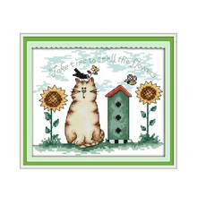 Sunflower and cat cross stitch kit cartoon animal 14ct 11ct count print canvas stitches embroidery DIY handmade needlework plus 2024 - buy cheap