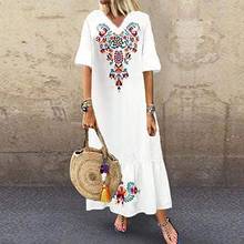 Vestidos femininos de verão do vintage com decote em v manga curta estampado floral grande bainha vestido longo solto roupas femininas 2021 2024 - compre barato