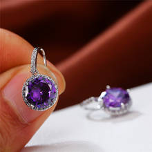 Очаровательные женские серьги с фиолетовым круглым камнем, золотые Висячие серьги для женщин, роскошные свадебные серьги с кристаллами и цирконием 2024 - купить недорого