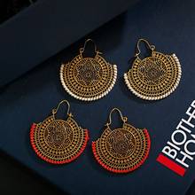 2020 Indian Women's Big Round Hollow Flower Jhumka Earrings Ethnic Gypsy Gold Alloy Red Silk Drop Earring 2024 - buy cheap