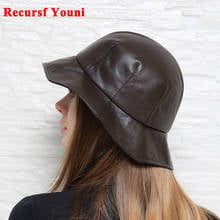 Winter Genuine Leather Hat For Women Korean British Bud Shape Big Brim Basin Caps Japanese Female White Fisherman Top Fedoras 2024 - buy cheap