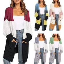 Women Batwing Long Sleeve Cardigan Chunky Knitted Open Front Sweater Coat Color Block Slouchy Loose Outwear with Pockets 2024 - buy cheap