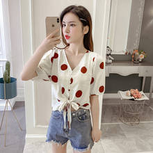 COIGARSAM Short Sleeve Shirt Womens tops New Spring Summer Polka Chiffon V-Neck Women shirts Red Green Dot 399 2024 - buy cheap