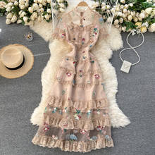 2021 Summer New Lace Lace Wood Ear Vestidos Female Stand-up Collar Short-sleeved Heavy Embroidery Flower French Midi Dress 2024 - buy cheap