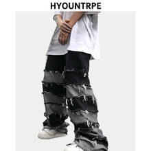 Mens High Street Loose Denim Jeans New Casual Patchwork Ripped Straight Zipper Jeans Hip Hop Streetwear Casual Wide Legs Joggers 2024 - buy cheap