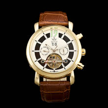 Sewor agradável ouro tom masculino tourbillon relógio mecânico automático de luxo multi-função relógio allochroic vidro pulseira de relógio de couro 2024 - compre barato