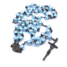 Collar de perlas de imitación azules de bronce antiguo Vintage, collar con colgantes de Cruz católica, collar Unisex, joyería de oración 2024 - compra barato