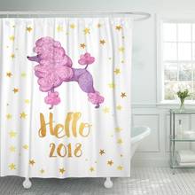 Hello New Year-cortina de ducha con estampado de estrellas doradas y perro caniche, visillo de ducha de poliéster de 72x78 pulgadas con ganchos 2024 - compra barato