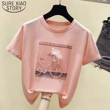 Camisa rosa 2021 manga curta verão, camiseta feminina top estampado camiseta feminina fashion gola redonda camiseta blusas 476 2024 - compre barato