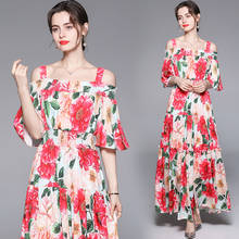 Elegant Boho Holiday Flower Red Long Dress New Summer Women Rose Printed Flare Sleeve Sexy Spaghetti Strap Backless Maxi Dresses 2024 - buy cheap