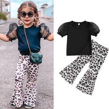 FOCUSNORM-Conjuntos de ropa para niñas pequeñas de 2 a 7 años, camisetas lisas de malla con manga abombada, pantalones acampanados con estampado de leopardo 2024 - compra barato