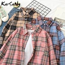 Karsany camisa xadrez feminina, camisa vintage para mulheres, blusa solta de manga comprida para escritório, tops e blusas, camisa xadrez para mulheres 2024 - compre barato
