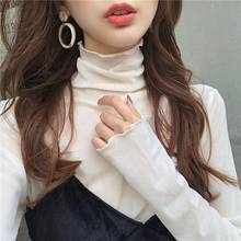 Fashion Turtleneck Lace Mesh Women Blouse Long Sleeve Sexy Solid Transparent All Match Basic Bottom Shirt Elegant Thin Slim Tops 2024 - buy cheap