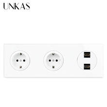 UNKAS 16A Double EU Standard Wall Socket + Female Dual HDMI-Compatible 2.0 Connector Jack Tempered Crystal Glass Panel Outlet 2024 - buy cheap