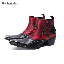 Batzuzhi-Botines de tacón alto para hombre, botas puntiagudas con cremallera, de cuero, estilo Punk, fiesta, zapato de boda, 6,5 cm 2024 - compra barato