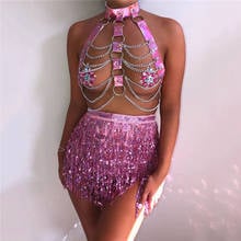 Sexy Two 2 Piece Set Women PU Choker Adjustable Hollow Out Metal Round Ring Crop Top Tassel Waist Chain Clubwear 2 Pcs Outfit 2024 - buy cheap