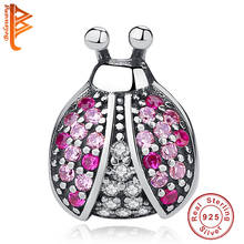 100% 925 Sterling Silver Pink Ladybug CZ Beads Fit Original Bracelet Charms Pendant Necklace Luxury Jewelry Making 2024 - buy cheap