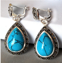 lovers women good Hot Sale Silver Jewelry Blue turquoise Marcasite Teardrop Earrings 2024 - buy cheap