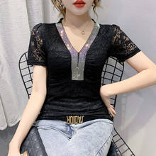 Fashion Diamond Lace T-Shirt  Ladies V-Neck  summer Tops T-Shirts Women Large size Short sleeve 2021 woman tshirts 2024 - buy cheap