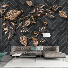 Papel de parede com foto personalizada, mural moderno nórdico preto geométrico com folhas douradas, decoração para restaurante, sala de estar, sofá 2024 - compre barato