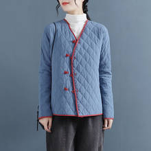 YoYiKamomo-parka acolchada de algodón chino para mujer, abrigo cálido Vintage de manga larga con botones, Color contrastante, para invierno 2024 - compra barato
