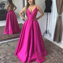 Backless Prom Dresses robe de soiree Sexy V-Neck A-Line Floor Length Fuchsia  Satin Prom Dresses vestidos de fiesta de noche 2024 - buy cheap