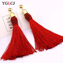 Fashion Bohemian Alloy Fringe Women's Earrings Black Brown Blue Red Silk Fabric Long Fringe Earrings Women's Jewelry 2024 - buy cheap