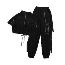 Calça cargo feminina, com fivela de bolso, cintura alta, corrente, calça feminina de duas peças 2024 - compre barato