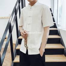 Camisa masculina hanfu 2021 estilo chinês tradicional, roupa de linho tai wushu estilo vintage de china 2024 - compre barato